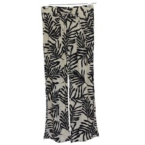 HG Linen Wide Leg Pants Womens Medium Black White Palm Print Vacation Tropical